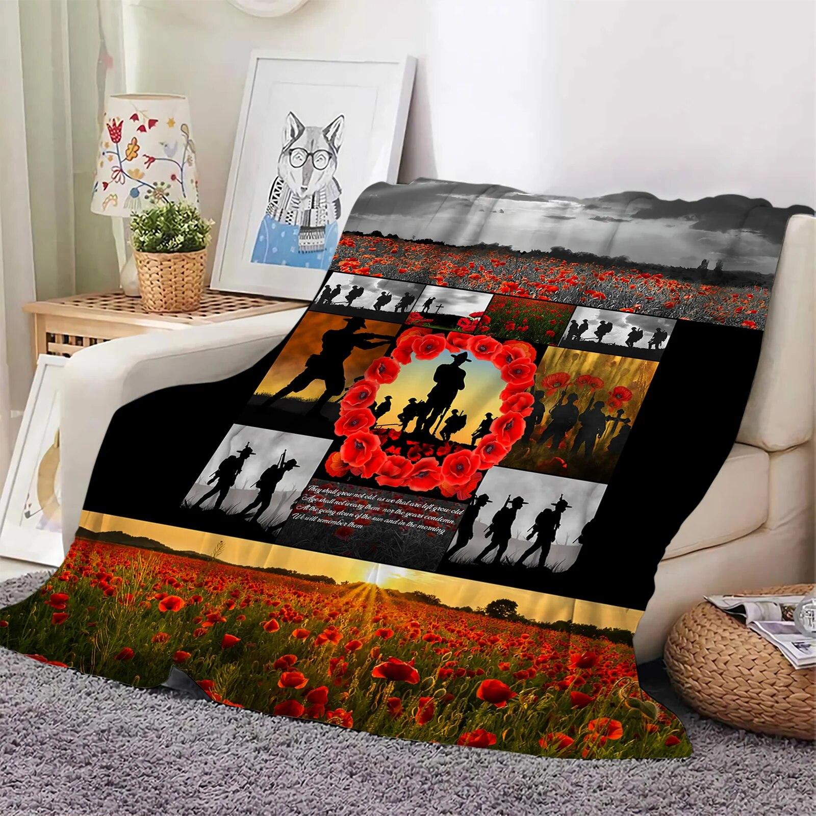 

Anzac Day Flannel Blankets Red Flower Soldier Splicing 3D Printed Throw Blanket Office Nap Travel Portable Quilts Dropshipping