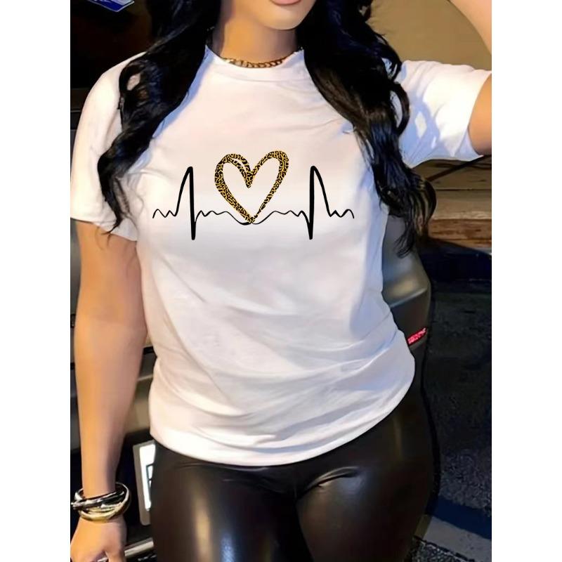 Europäische Größe Damen Herz Design Print T-Shirt Stilvoll Lässig Bequem Sportbekleidung