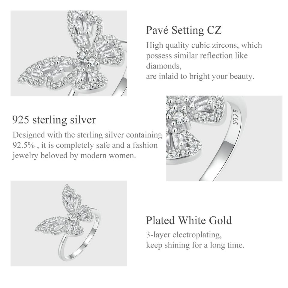 WOSTU 925 Sterling Silver Butterfly Ring Shining Ring Cubic ZirconiaAnniversary Gifts for Women Girl Fine Jewelry