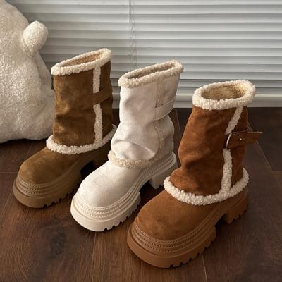 Bottes de neige courtes en laine d'agneau à semelles épaisses pour femmes, hiver, bottines courtes à petits talons hauts, bottes blanches moelleuses en peluche