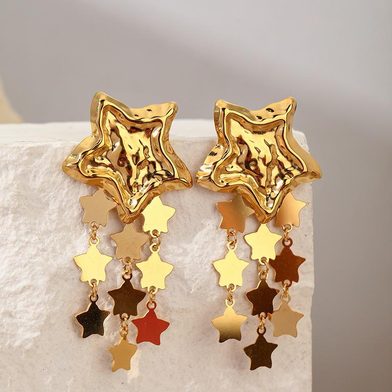 Knockout Pattern Pentagram Star Tassel Earrings Female Personality Fashion 18K Gold Stainless Steel Earrings