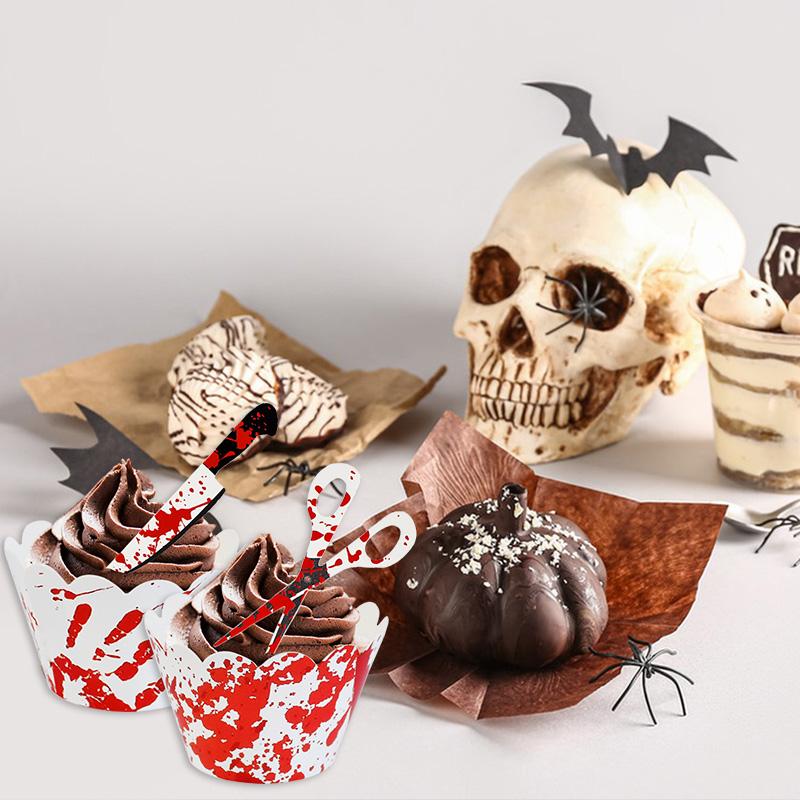 24/48Pcs Halloween Cupcake Topper Wrappers Bloody Knife Scissors Cake Decoration Halloween Birthday Party Supplies Baking Tools