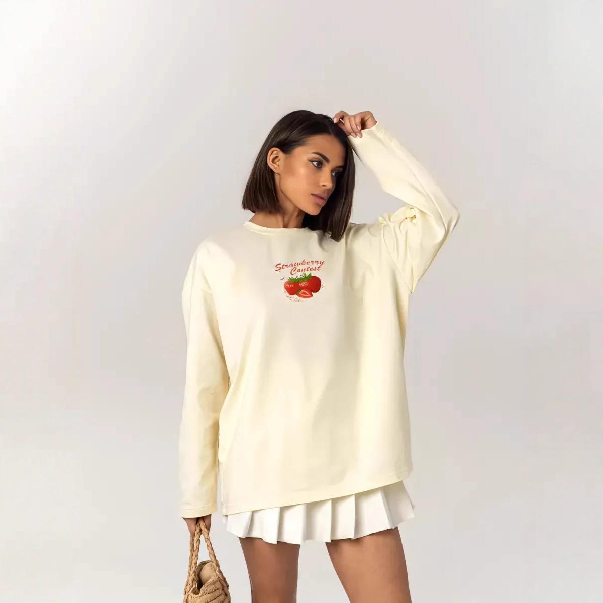 100% pure cotton autumn American new girl s heart fun age reduction strawberry print versatile top women XXXL абрикосовый