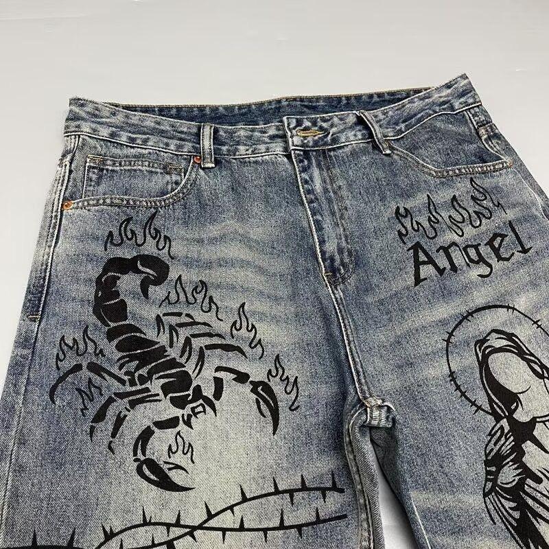Spring Autumn Printed Straight Leg Sports Denim Pants Men's Loose Comfortable Plus Size Pants