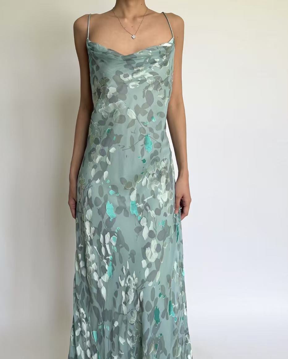 2026 new bohemian long dress summer new green print slim retro sleeveless crew neck print jumpsuit S зелёный