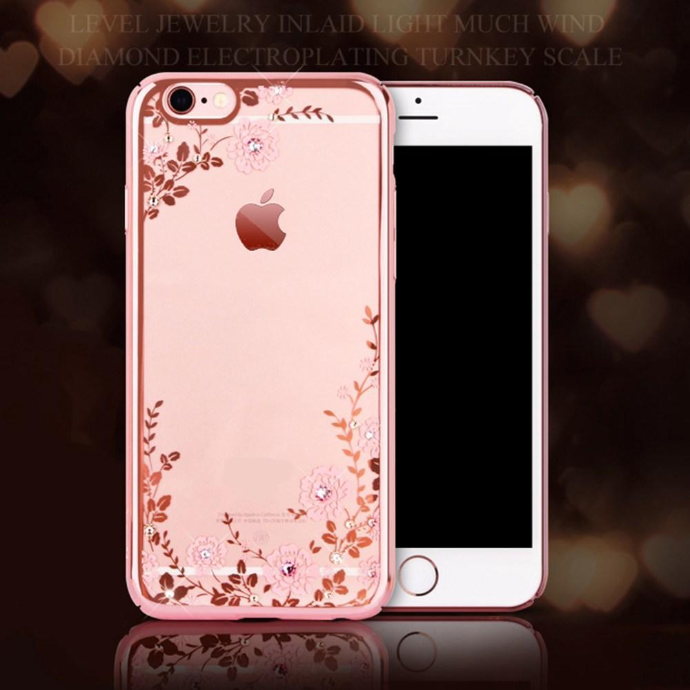 Rose Gold Plating Frame Clear Soft TPU Back Cover Bling Diamond Flower Case For iPhone/Samsung