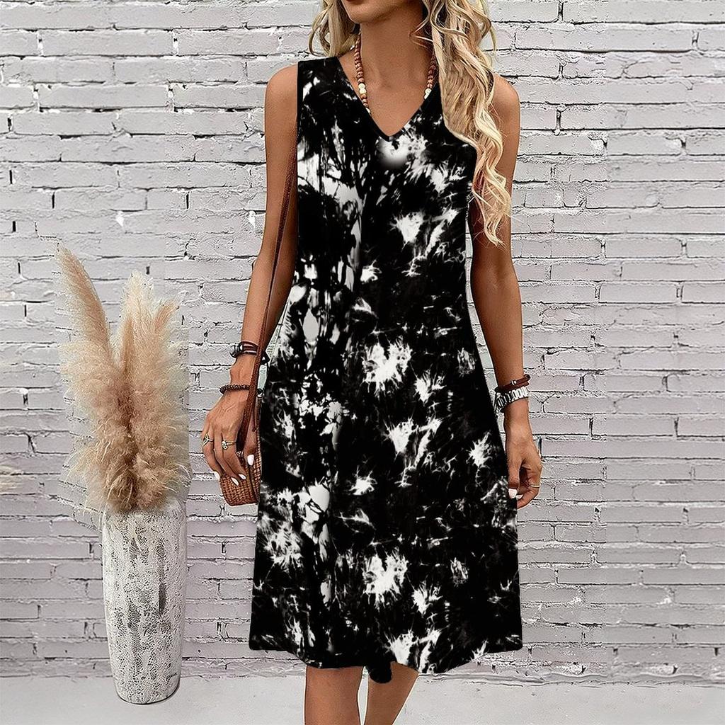 Plus Size V Neck Sleeveless Dress Far Mountain Cloud Ink Print For Wetland Park Tour