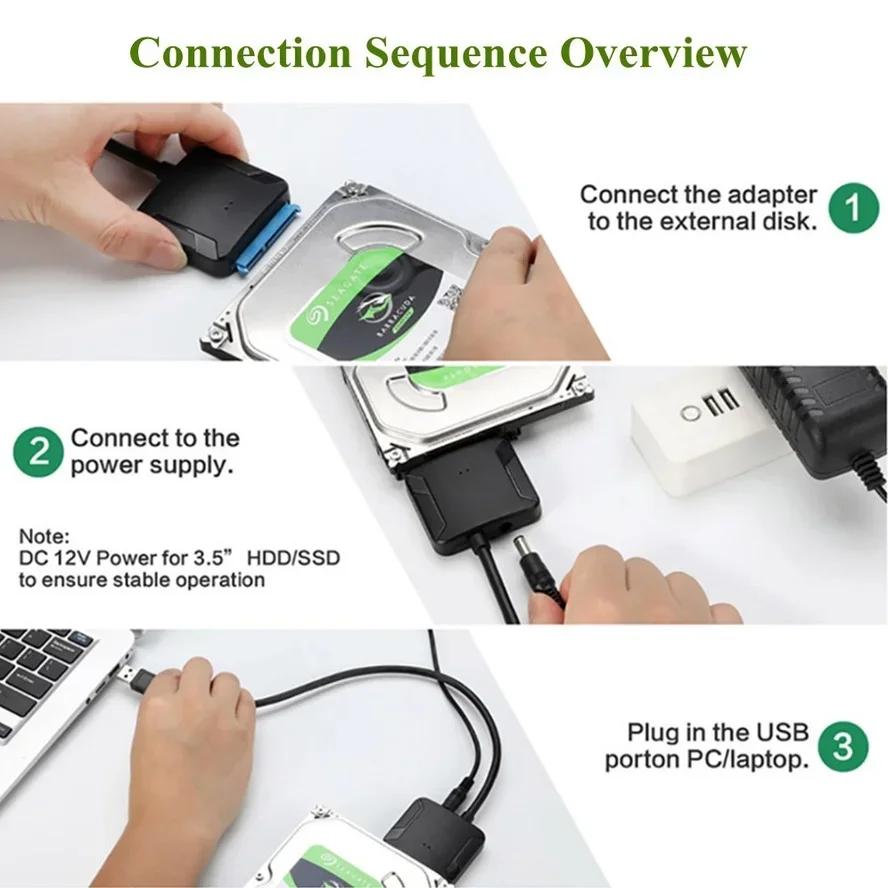 USB 3.0 to SATA Adapter Cable for 3.5/2.5 Inch SSD HDD SATA III Hard Drive Disk Converter Support UASP with 12V/2A Power Adapter