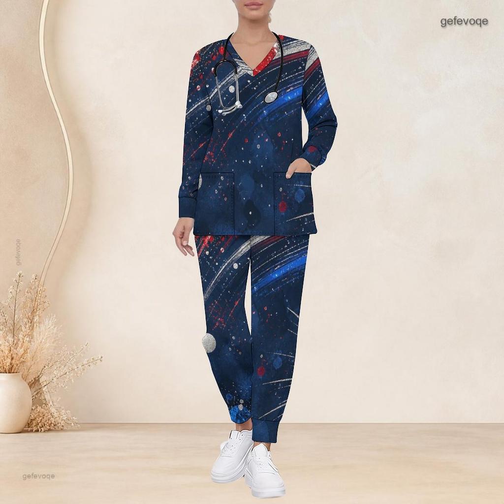 Women Plus Size V Neck Long Sleeve Scrub Set Vintage American Flag Star Stripe Print Nurse Uniform Set