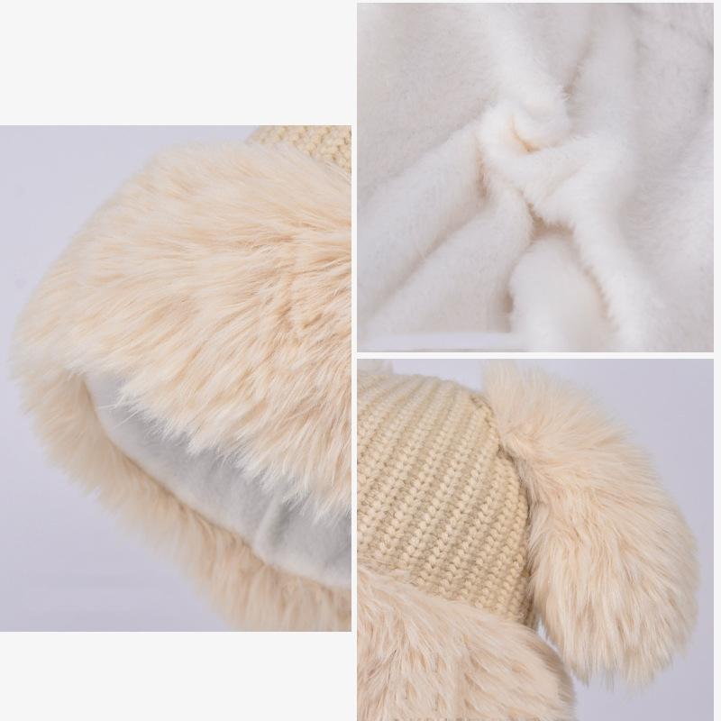 Women Autumn Winter Warm Thicken Ear Protector Hat Cold Velvet Plush Rabbit Outdoor Knitted Bomber Cap Sweet Cute Big Lei Feng Hat