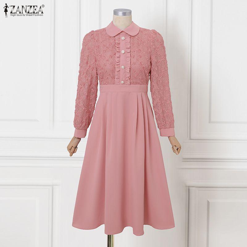 ZANZEA Women Classic Collar Long Sleeve Patchwork Casual Dress