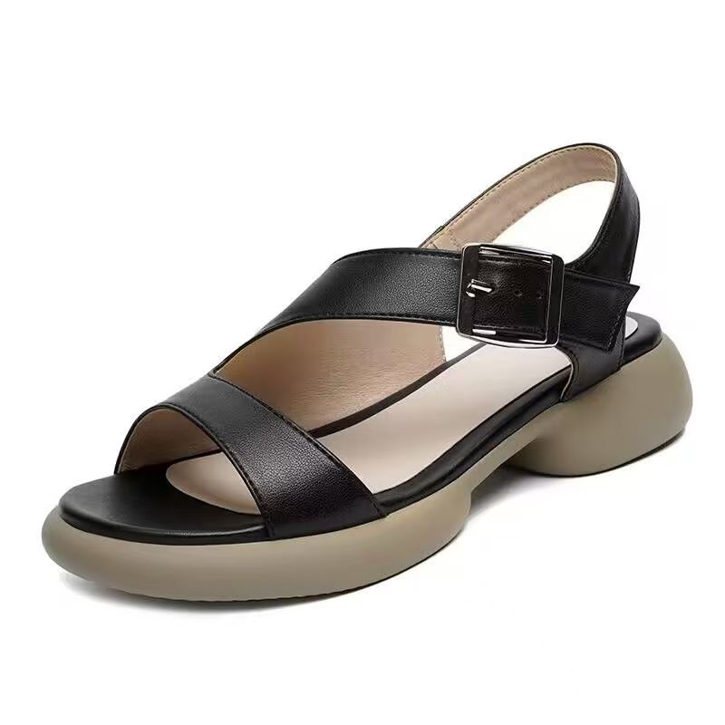 Women's Summer New Leather Hollow Out Block Heel Sandals Thick Sole Non Slip Open Toe Lightweight Buckle Strap Casual Sandals