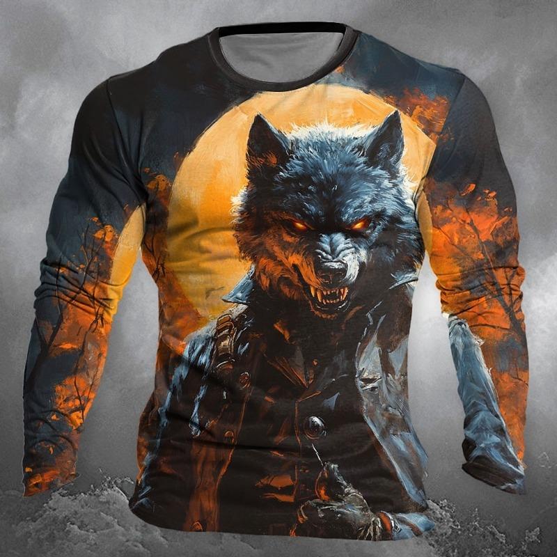 Fashion Wolf Pattern Men's Long Sleeve T-shirt Autumn New Casual O-neck Pullover Funny 3D Animal Print Tops Unisex Clothes