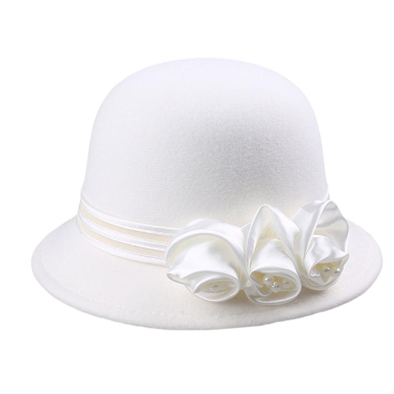 Vintage Silky Flower Hat Winter Warm Dome Hat Women Wool Cloche Hat Headwear