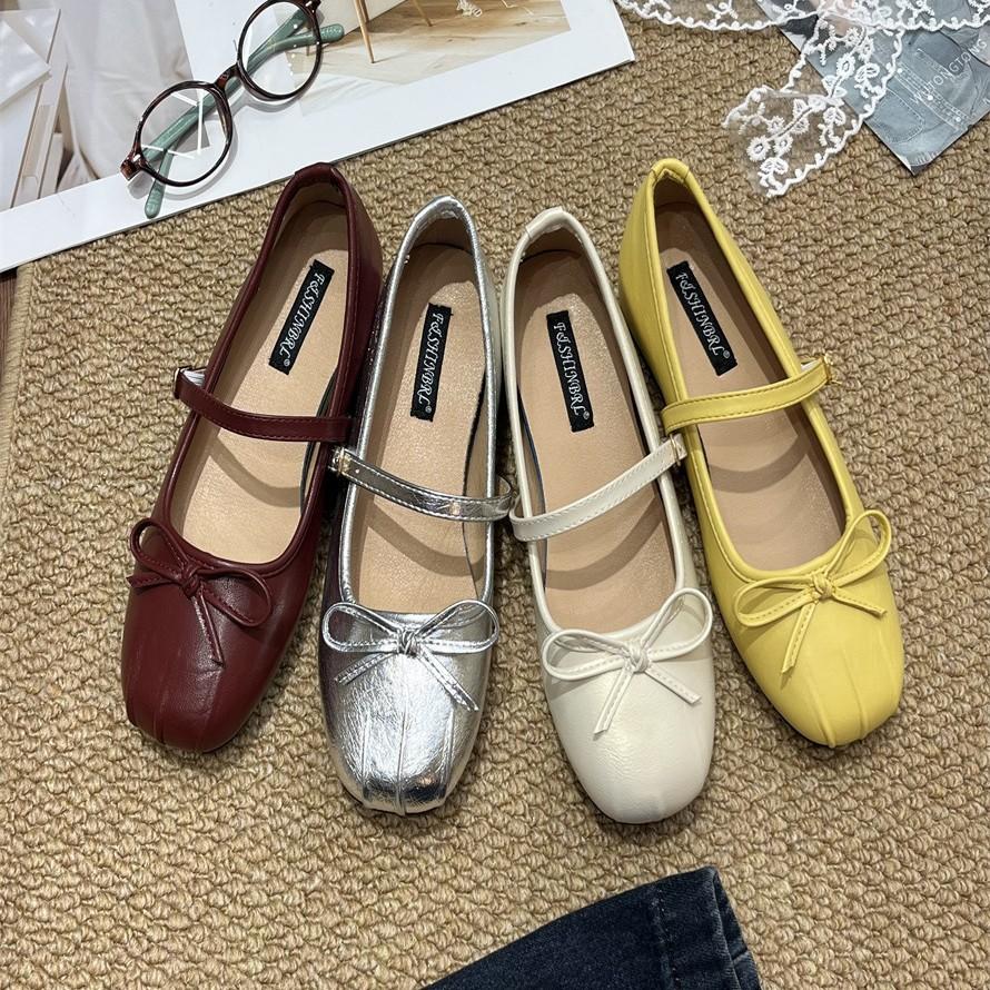 Französischer Feenstil rote Mary Jane Schuhe mit eckiger Spitze Mädchen Frühling 2025 neue Schleife flache Ballerinas