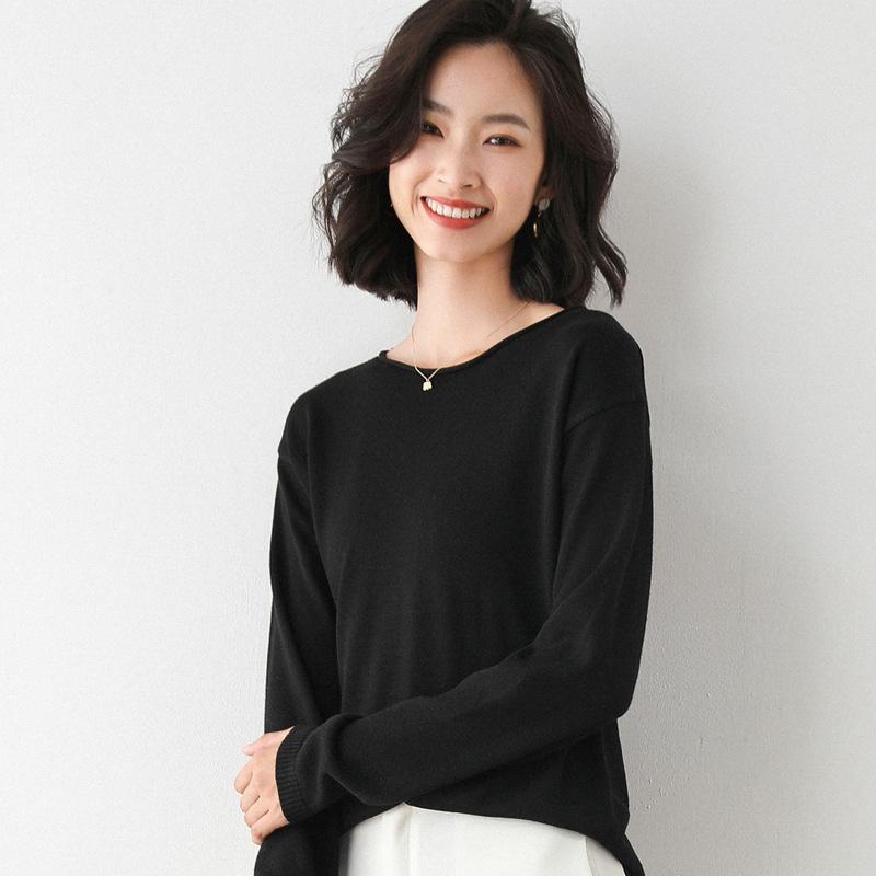 Moda coreana Mujer suelto Cuello redondo Liso Jersey Suéter Otoño e Invierno Manga larga Tejido Camiseta interior de punto Suéteres combinables