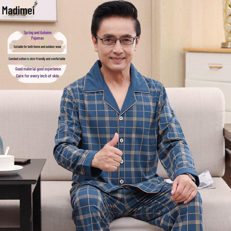 Men's Knitted Cotton Pajamas - Spring & Autumn, Skin-Friendly, Versatile Sleepwear, Ideal Father's Day Gift for Middle-Aged & Elderly.
