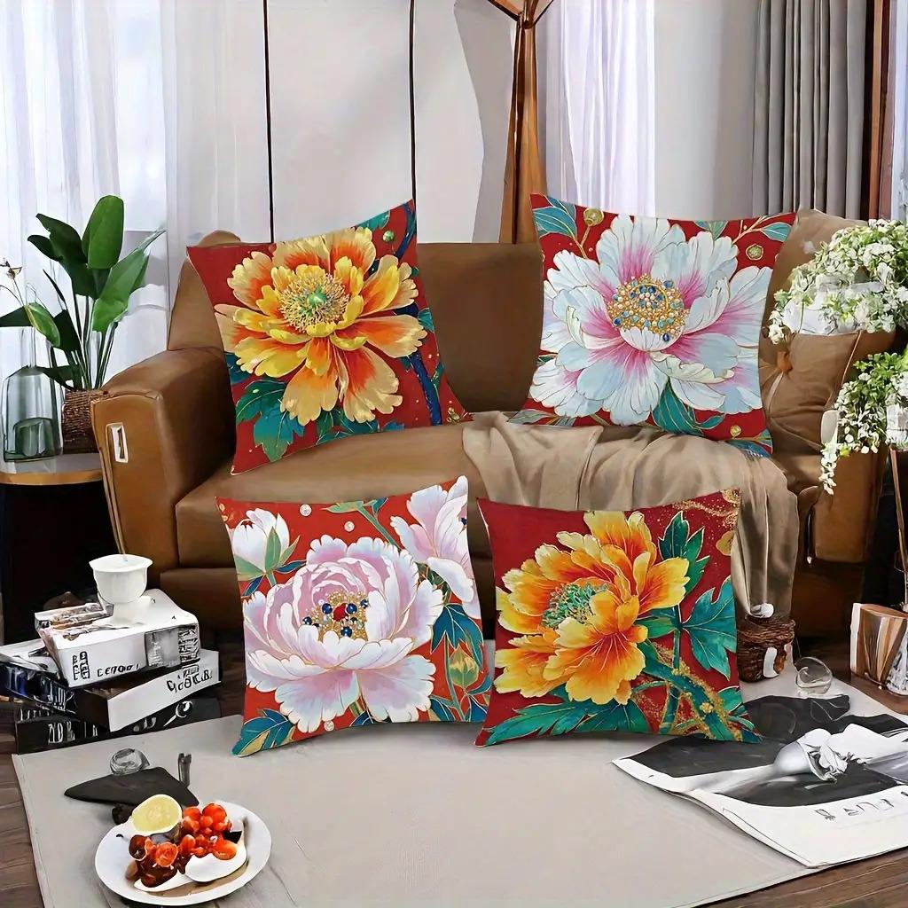Chinese Style Peony Pillow Covers, Luxurious Gold Accent Double-Sided Printed Throw Pillow Cases, Oriental Home Decor No Insert