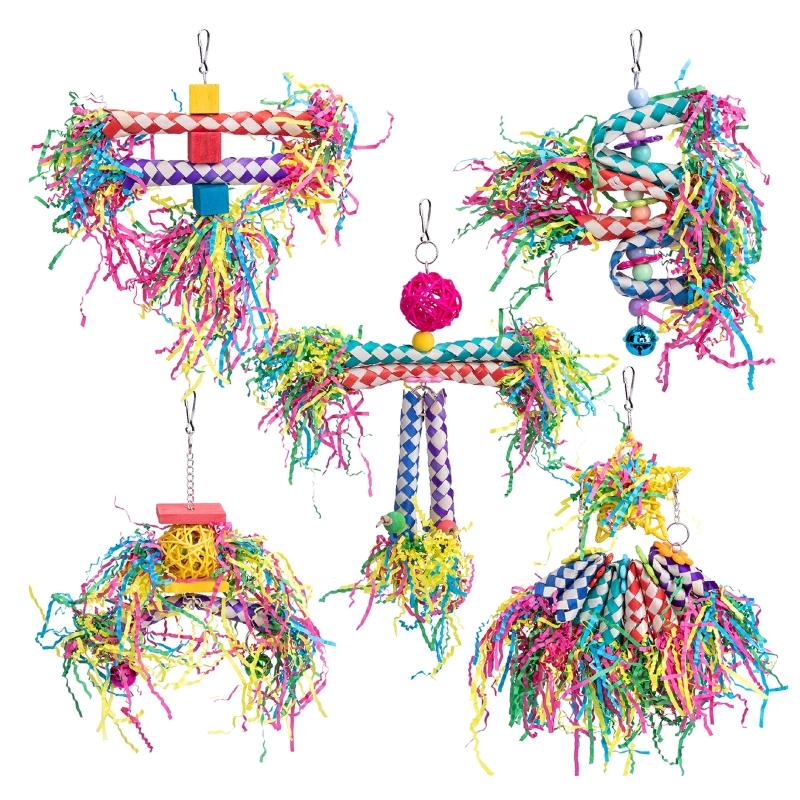 5 Pack Bird Chewing Toys Colorful Foraging Shredding Toy Wood Blocks Hanging for Cage for Cockatiel Conure African for G