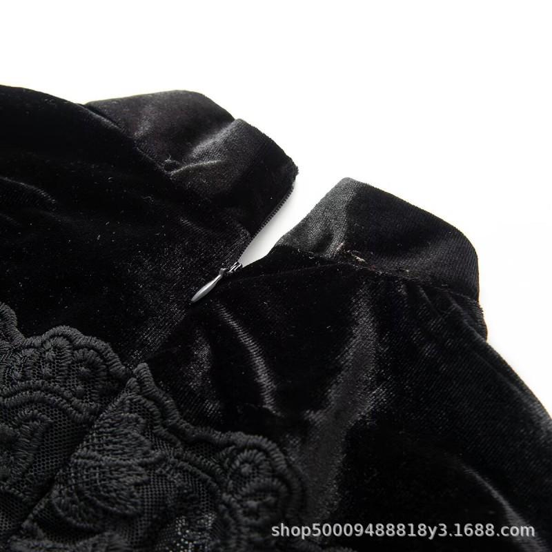 2026 Womens Lace Velvet Patchwork A-Line Midi Dress Semi-Turtleneck Long Sleeve Elegant Streetwear