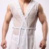 Camicia da notte sexy con cappuccio da uomo senza maniche, tinta unita, traforata, in rete, estiva, con lacci, per la casa