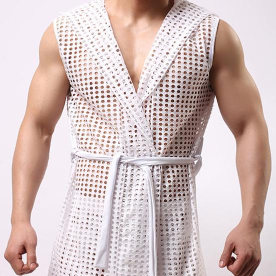 Männer Sexy Nachthemd mit Kapuze Ärmellos Einfarbig Aushöhlen Mesh Loungewear Schnürung Nacht Robe