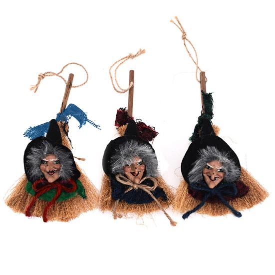 Halloween Witch Broom Pendant Vicious Creepy Old Woman Hanging Hairy Haunted House Rag Door Window Decoration Prop