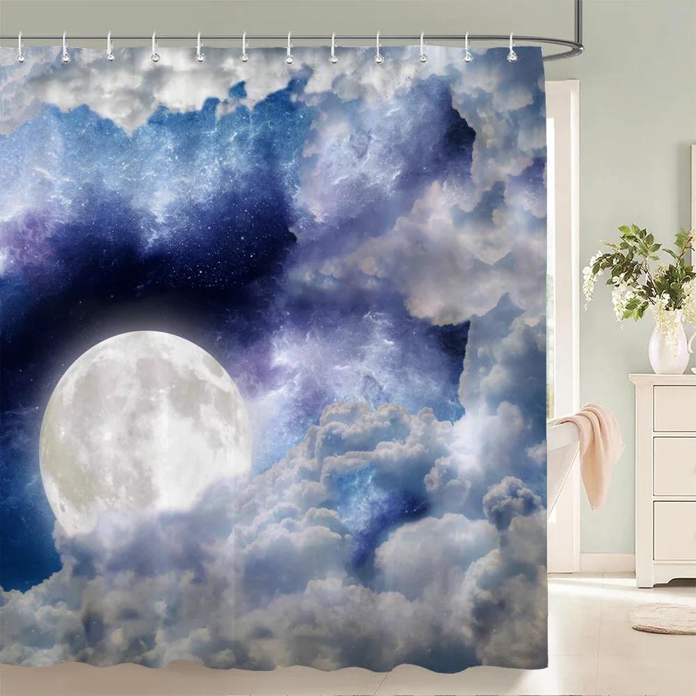 Night Moon Starry Sky Universe Fabric Shower Curtain Bathroom Curtains Moon Earth Waterproof Polyester Bath Screen with 12 Hooks