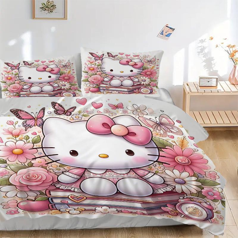 

3pcs Flowers Butterflies Hello Kitty Print Bedding Set (1 Cover + 2 Pillowcases, Without Inserts), This Printed Bedding Set is Soft and Comf 135x200cm