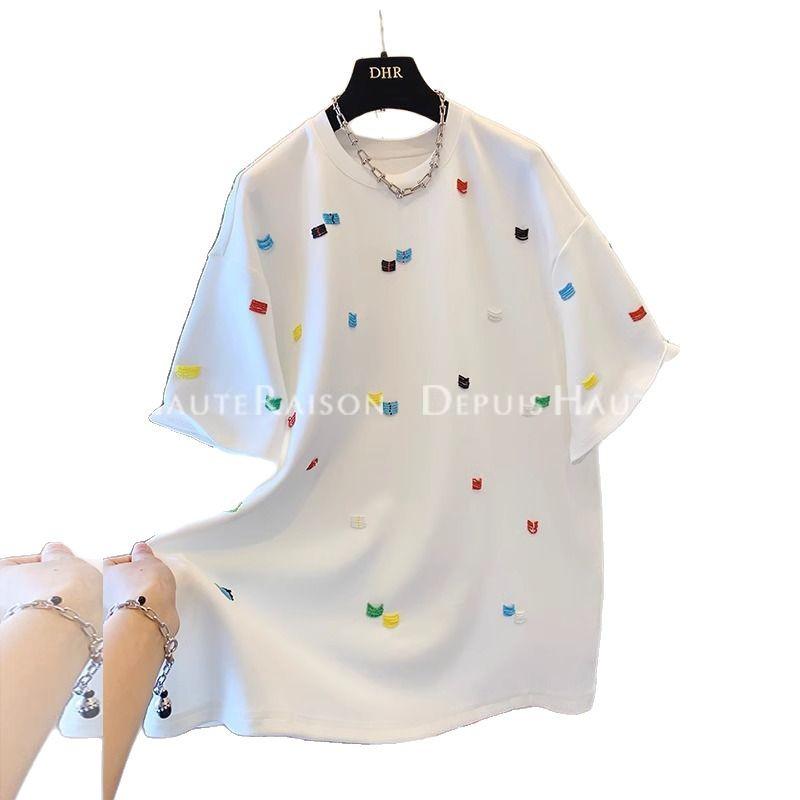 Women's Summer Loose Fit Korean Embroidered T-Shirt - Unique Straight Shoulder Short Sleeve Top