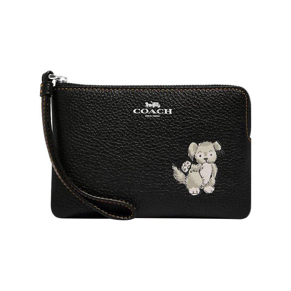 

Coach Corner Zip 16 Top Zip Double Slot Dog Print Leather Clutch Small Women clutch Black CC434-SVA47 Basic Set (Bag+Dust Bag)