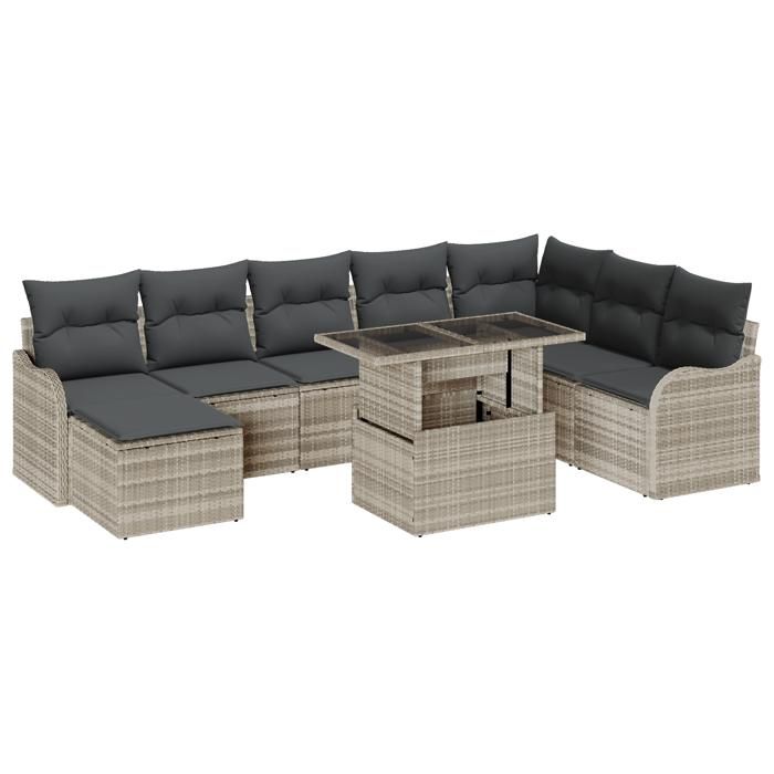 9-Piece Garden Sofa Set with Light Grey Cushions Synthetic Rattan, 2-Seater Garden Sofa 3348518