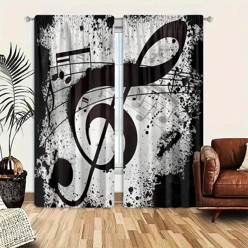 2pcs Artistic Music Note Printed Curtains, Designed for Light Filtering, Quality Material, Ideal for Music-Themed Home Window De
