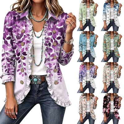 Women's Floral Print Cardigan, Long Sleeve Ruffle Open Front Top, Casual Outerwear for Spring and Fall