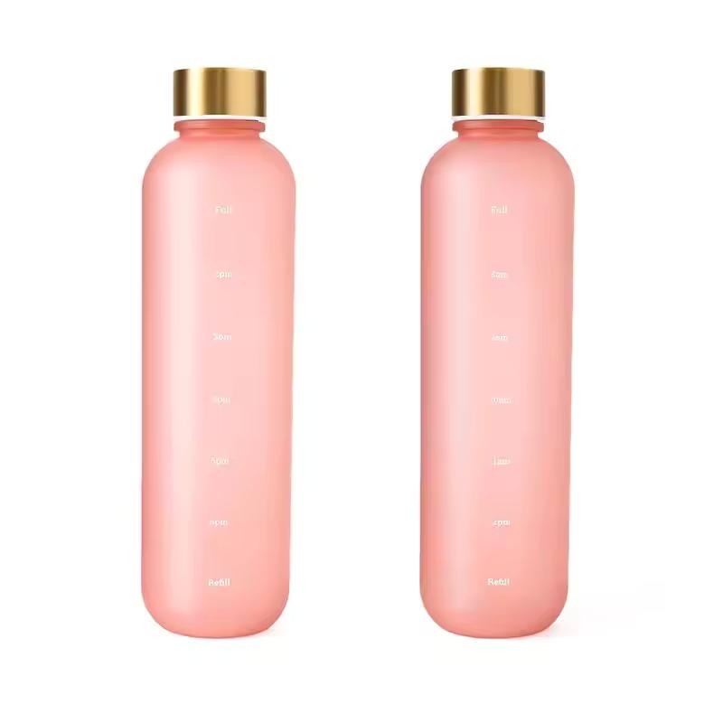 

32 OZ Motivational Reusable Fitness Sports Outdoors Travel Leakproof BPA Free Frosted Plastic 1L Bottle With Time Marker 1.0L рожевий