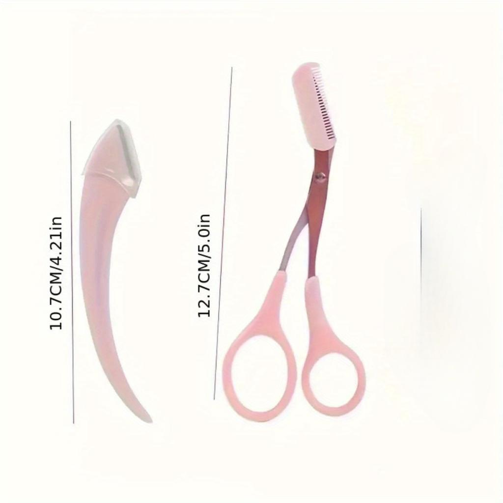 2pcs Crescent Eyebrow Trimmer+ 1pc Pink Eyebrow Scissors+ 1pc Pink Folding Eyebrow Trimmer, Pink Eyebrow with Built-in Comb, Create Eyebrows