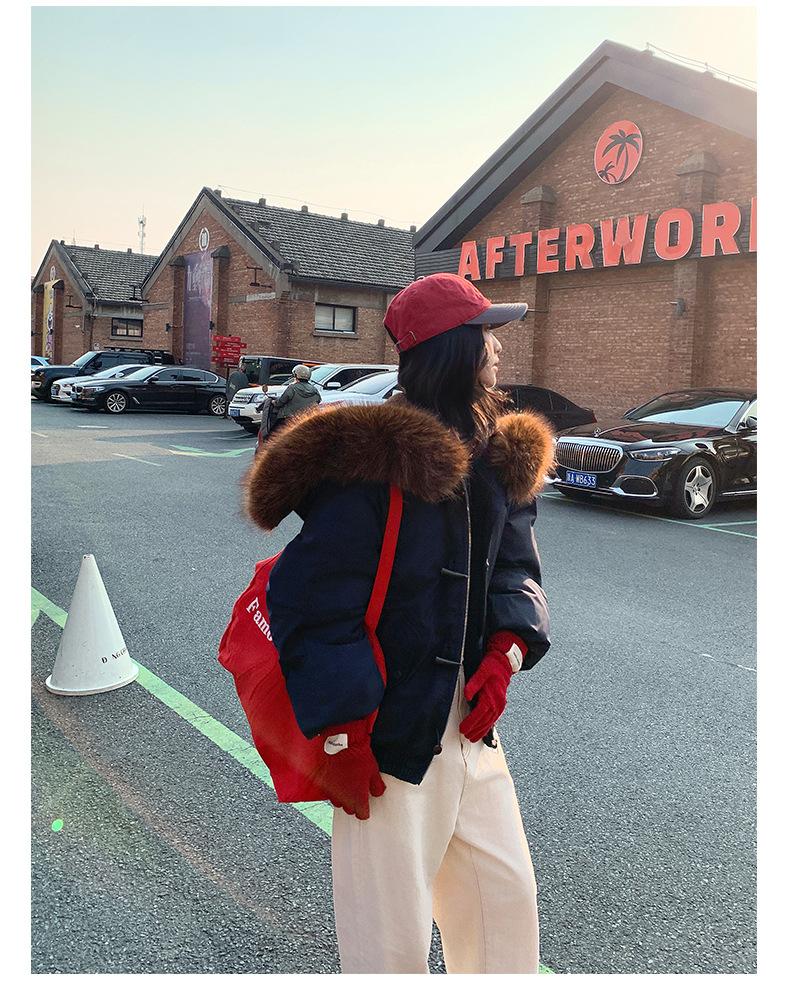 Women’s Short Hooded Windproof Thicken Warm Winter Jacket With Big Fur Lapel