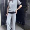 Womens Knit Polo Top Wide-Leg Pants Set 2025 Loose Fit Slimming Casual Outfit In Black Gray Camel