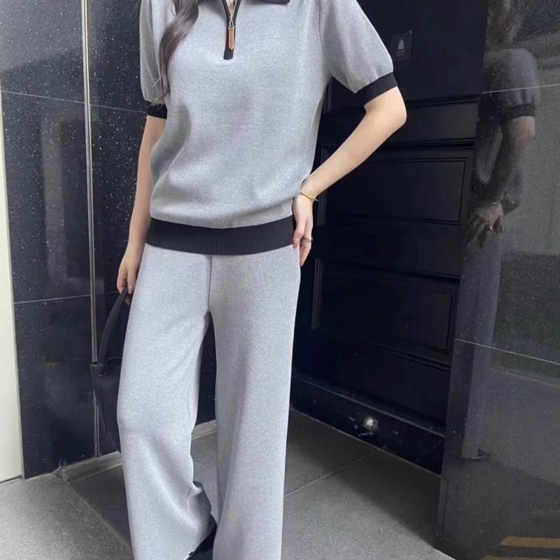 Womens Knit Polo Top Wide-Leg Pants Set 2025 Loose Fit Slimming Casual Outfit In Black Gray Camel