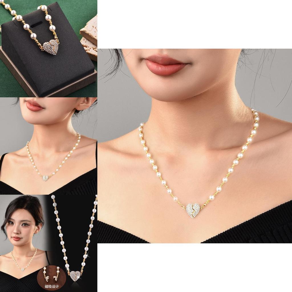 Luxurious Heart Pendant Necklace With Dazzling Diamond Inlay And Beautiful Pearl Chain