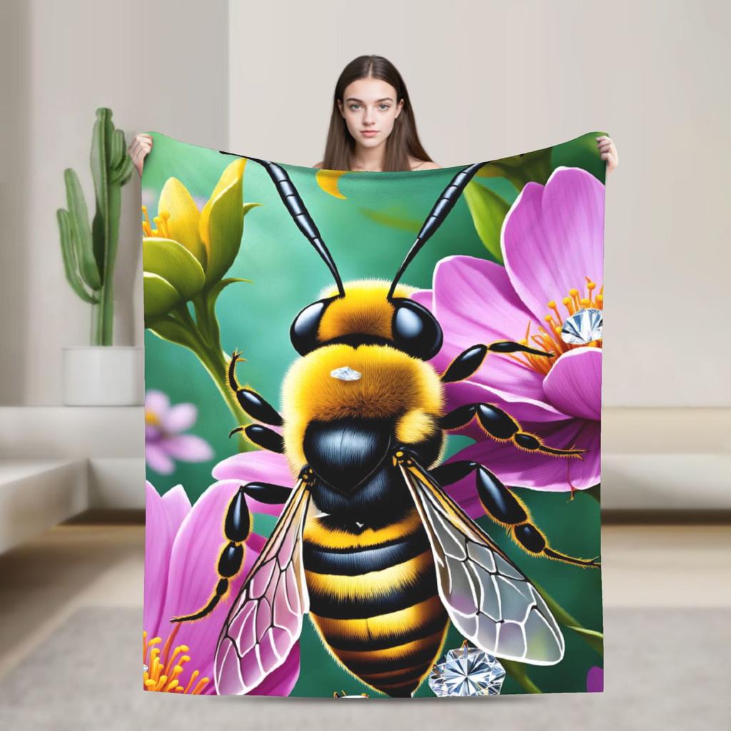 Bee and Flowers Flannel Blanket Adults Child Warm Bedding Throws Winter Home Decor Bedspread Sofa Bed Cover