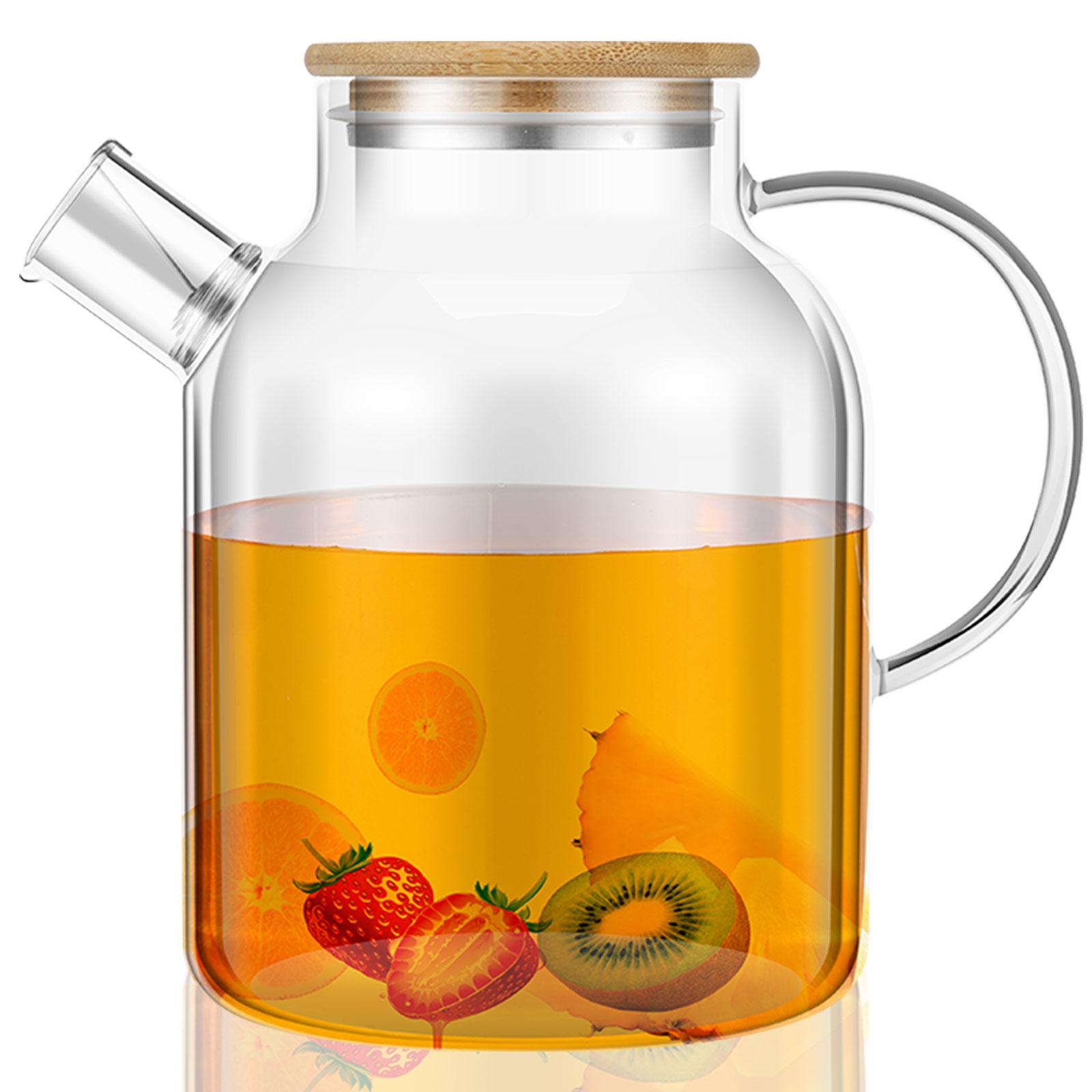 

Glass Pitcher with Bamboo Lid 1800ml Glass Water Pitcher Heat Resistant Glass Jug with Handle Leafproof Glass Kettle with 1800ml