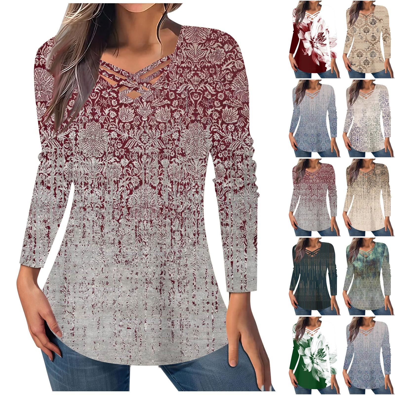 

Женская модная повседневная блузка с длинным рукавом и принтом, пуловер с V-образным вырезом и крестиком