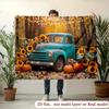 2D rustikaler Thanksgiving-LKW-Hintergrund mit Sonnenblumen, Kürbissen und leuchtenden Lichterketten