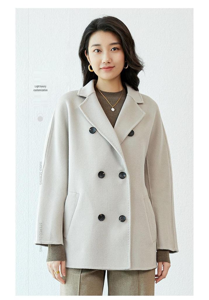 Women's Double-Breasted Wool Coat with Suit Collar - Korean Loose Slimming Style