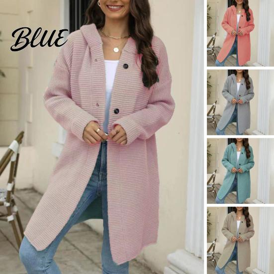 Single-breasted Sweater Cardigan Women Autumn Winter Hooded Long Sleeve Coat Loose Fit Solid Color Single Breasted Mid-length Outwear