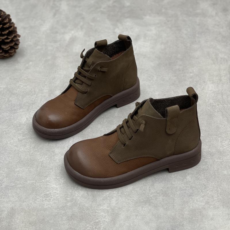 Fashion GKTINOO Natural Leather Women's Shoes Handmade Soft Cow Leather British Style Flat Autumn High-top Leisure Shoes Short Boots