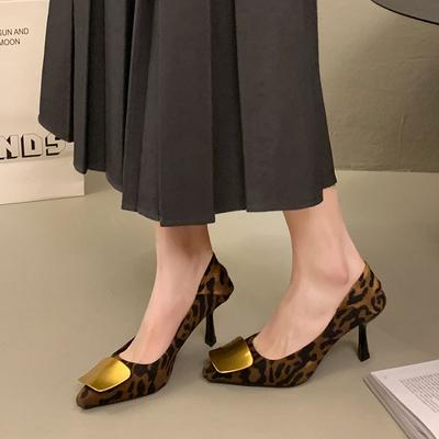 Wildleder spitze hohe Absätze Damen vielseitige leichte Mund Ein-Pedal Einzelne Schuhe Mode mittlerer Absatz feiner Absatz Leopardenmuster Arbeitsschuhe Beruf