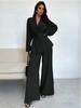 European V-Neck Elegant Women's Suit with Long Sleeves and Wide-Leg Pants