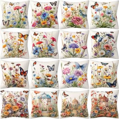 Butterflies Among The Flowers Cotton Linen Decorative Throw Pillows Cases Sofa Home Car Living Room Almofadas Cushion Cover